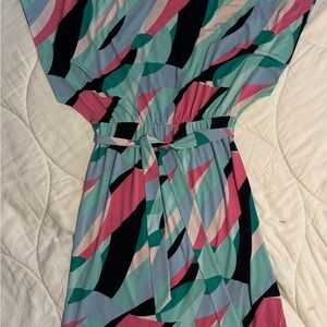 Jennifer Lopez Asymmetrical Dress in Pink, Green, and Black